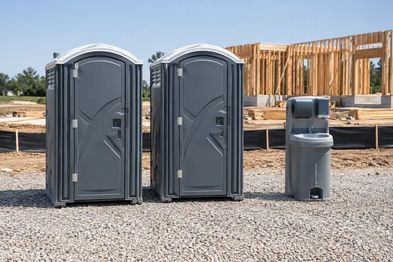Two portable toilet cabins and a handwashing station beside building work