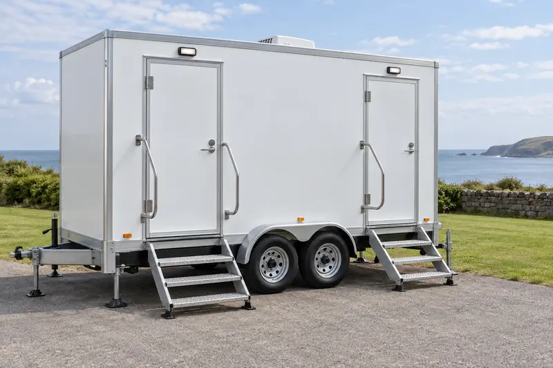 Restroom trailer in an outdoor event setting